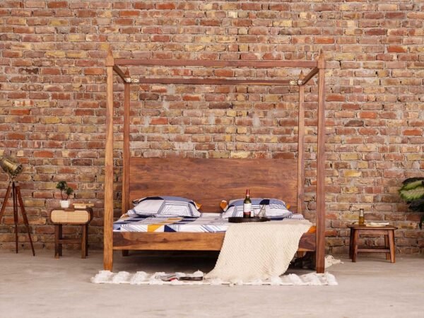 Teak wood finish bed design Poster Bed Acacia Wood
