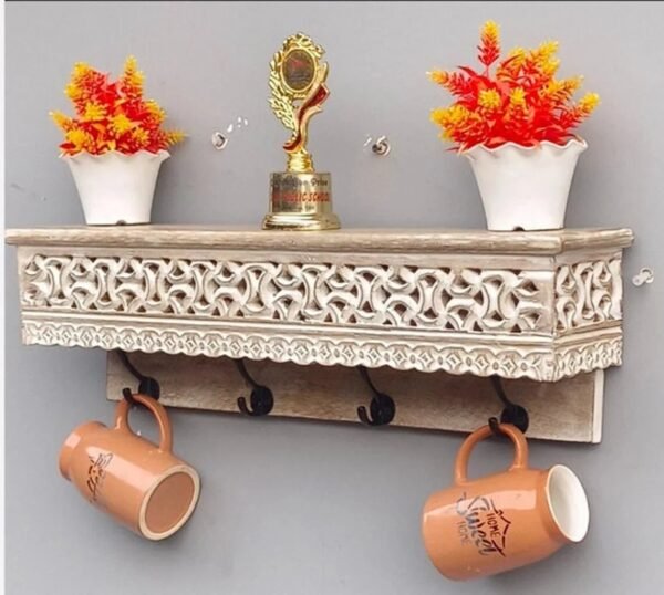 Wooden Carved wall shelf with hooks